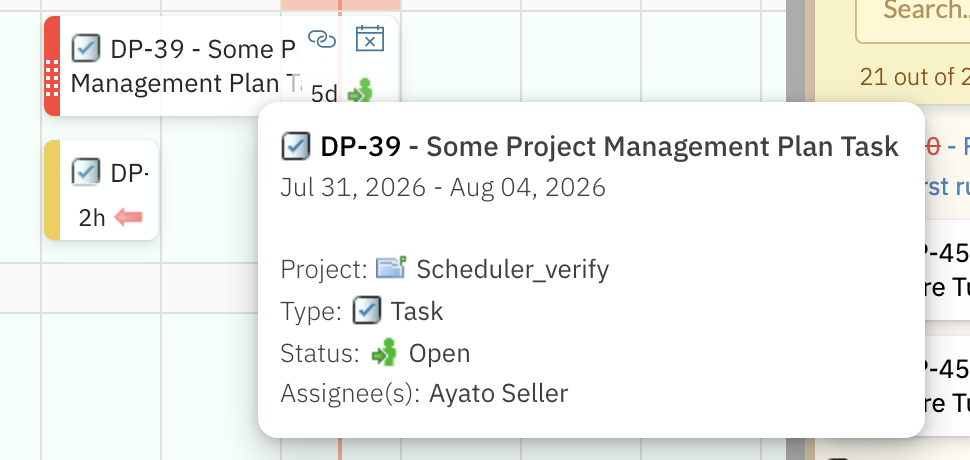 A Scheduler task tooltip showing the bold work-item title DP-39 - Some Project Management Plan Task, a date range of Jul 31, 2026 to Aug 04, 2026, and four field lines reading Project, Type, Status and Assignee(s)
