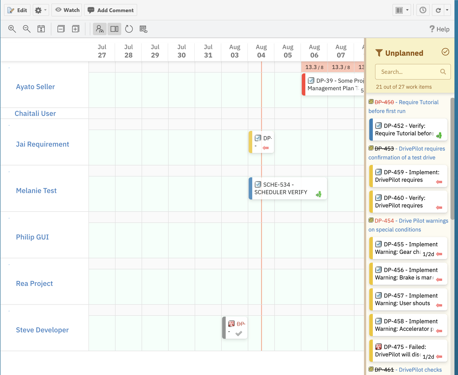Scheduler board showing task cards in different colour states: a red-barred card on the Ayato Seller row for an overloaded task, yellow and blue status-coloured cards on the Jai Requirement and Melanie Test rows, and a grey read-only card with a struck-through work-item ID and a tick on the Steve Developer row