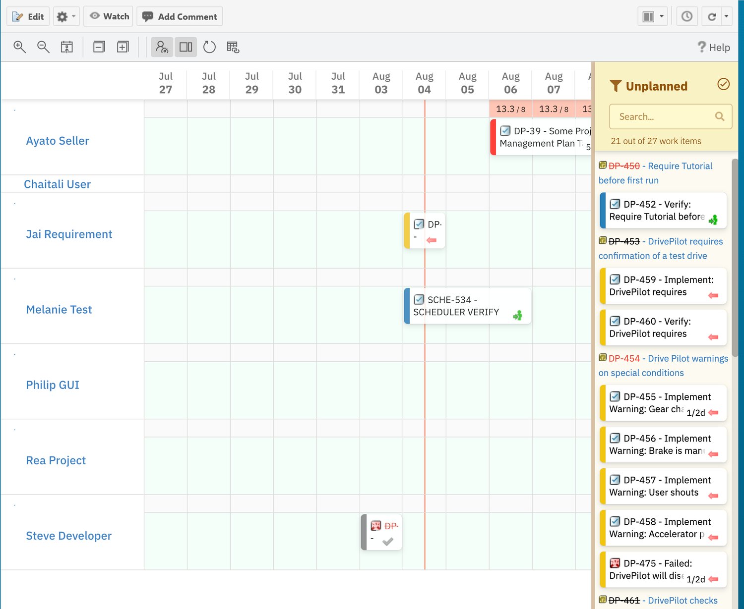Scheduler board showing task cards in different colour states: a red-barred card on the Ayato Seller row for an overloaded task, yellow and blue status-coloured cards on the Jai Requirement and Melanie Test rows, and a grey read-only card with a struck-through work-item ID and a tick on the Steve Developer row