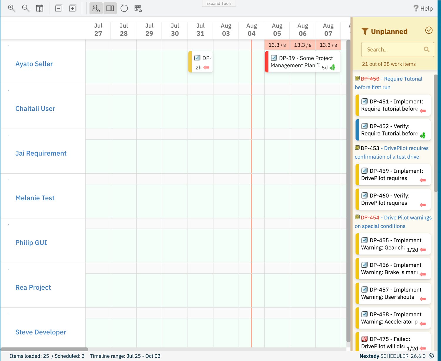 Scheduler board after a task bar was dragged to a new date: the DP-39 bar now sits under the Aug 06 and Aug 07 columns on the Ayato Seller row, with its red load markers directly above it