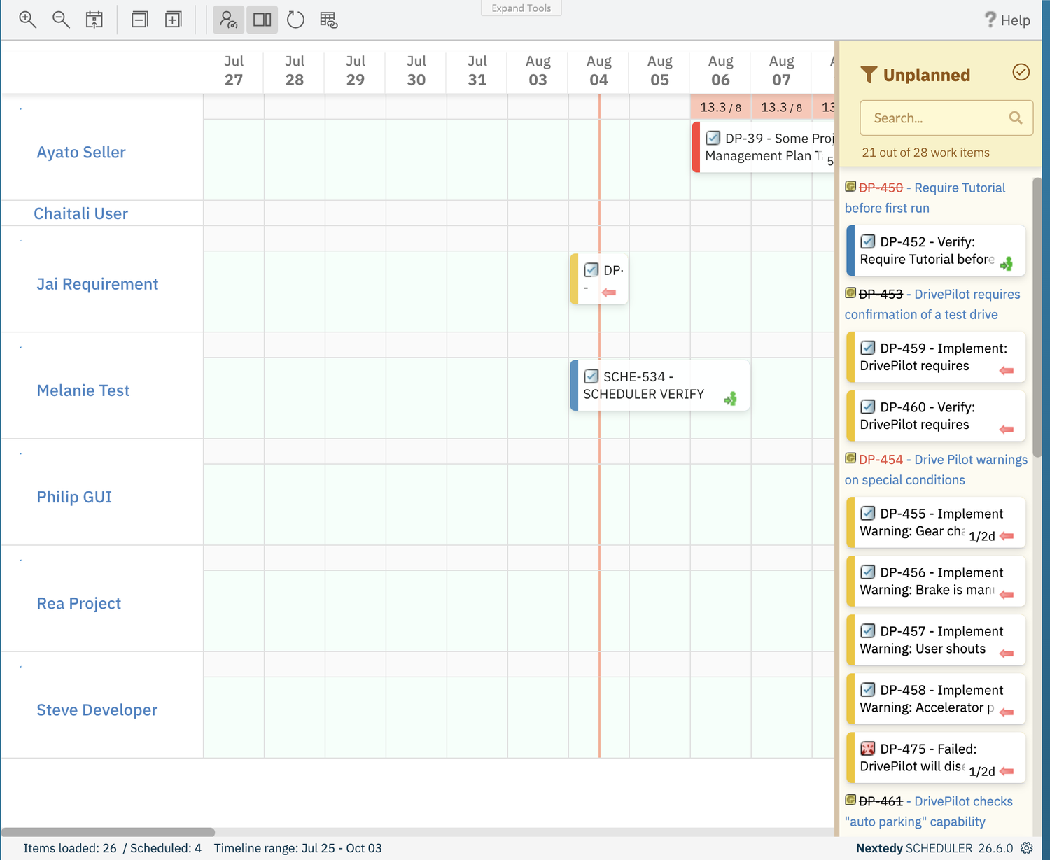 A Scheduler board immediately after a card was dropped: a new task bar sits on the Jai Requirement row around Aug 04, and the footer reads Items loaded: 26 / Scheduled: 4