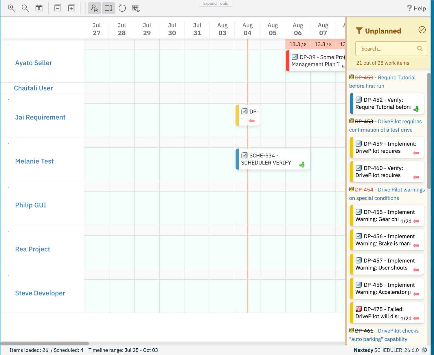 A Scheduler board immediately after a card was dropped: a new task bar sits on the Jai Requirement row around Aug 04, and the footer reads Items loaded: 26 / Scheduled: 4