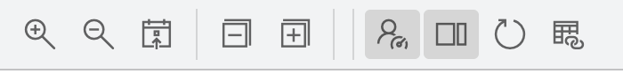 Nine icon-only Scheduler toolbar buttons separated into three groups by vertical dividers: magnifier-plus and magnifier-minus and a calendar with an up arrow; a minus-in-a-box and a plus-in-a-box; then a person-with-a-gauge and a two-pane icon both shown pressed, a circular refresh arrow, and a grid-with-arrows dependency icon