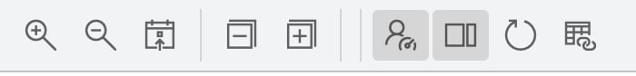 Nine icon-only Scheduler toolbar buttons separated into three groups by vertical dividers: magnifier-plus and magnifier-minus and a calendar with an up arrow; a minus-in-a-box and a plus-in-a-box; then a person-with-a-gauge and a two-pane icon both shown pressed, a circular refresh arrow, and a grid-with-arrows dependency icon