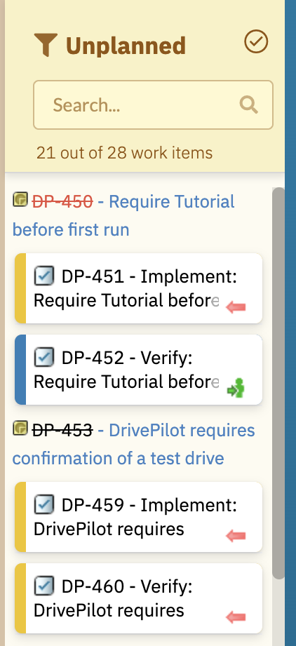 The Unplanned sidebar with parent grouping switched on: cards are listed beneath parent work-item headings DP-450, DP-453 and DP-454, under a header reading 21 out of 28 work items