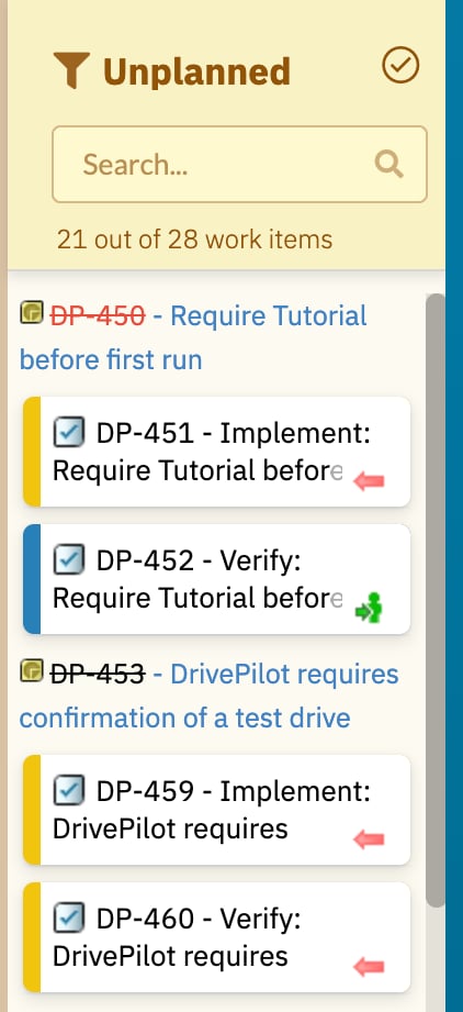 The Unplanned sidebar with parent grouping switched on: cards are listed beneath parent work-item headings DP-450, DP-453 and DP-454, under a header reading 21 out of 28 work items