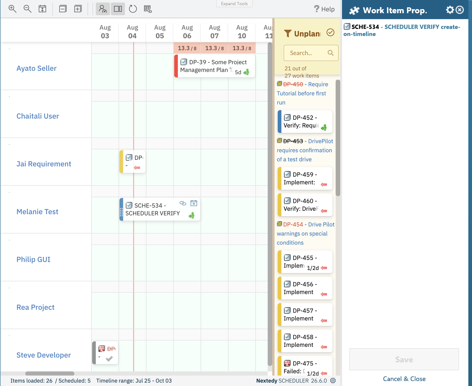 Clicking a task bar on the Scheduler board opens Polarion's Work Item Prop. panel on the right, headed with the clicked work item SCHE-534 and offering Save and Cancel and Close actions