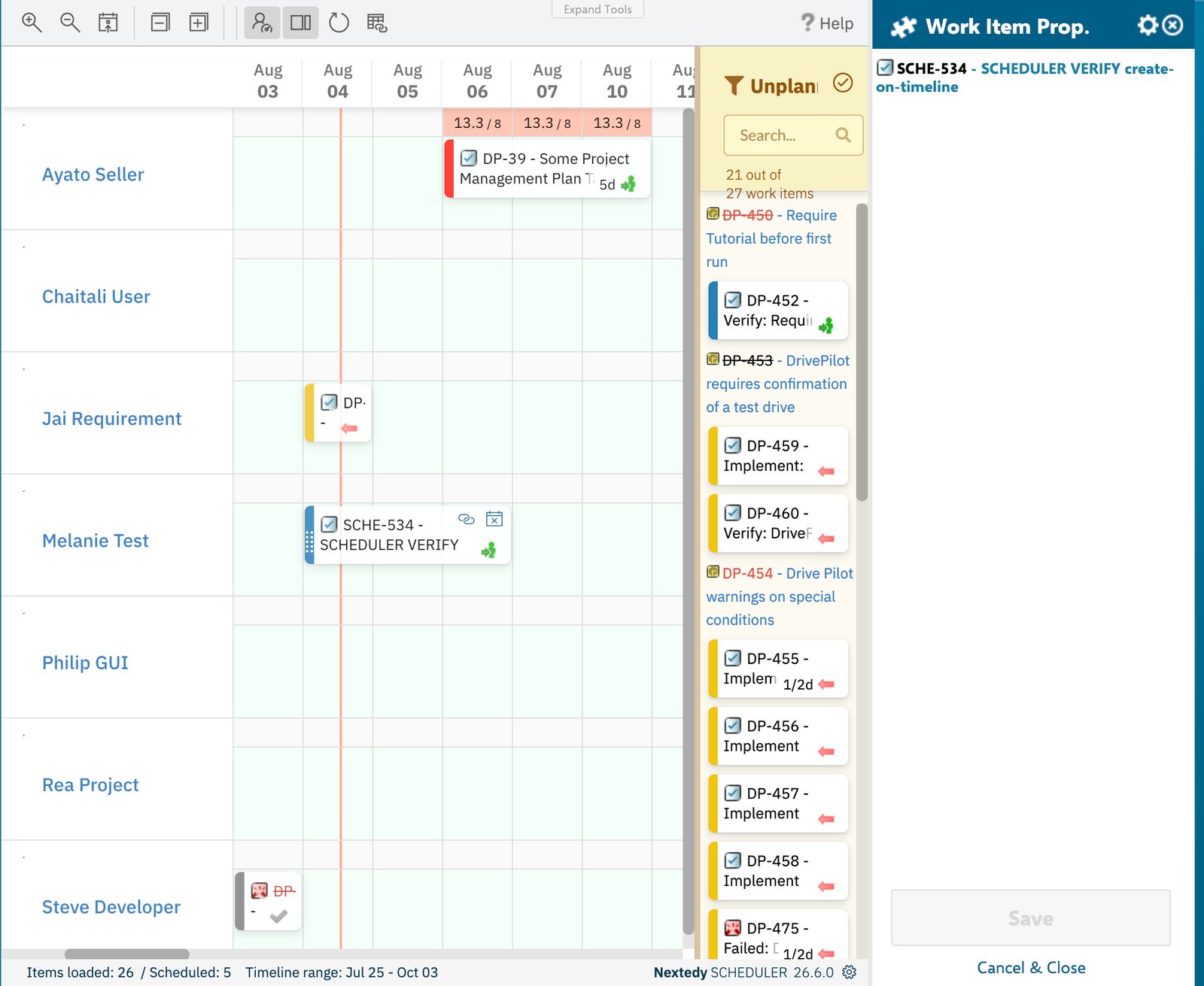 Clicking a task bar on the Scheduler board opens Polarion's Work Item Prop. panel on the right, headed with the clicked work item SCHE-534 and offering Save and Cancel and Close actions