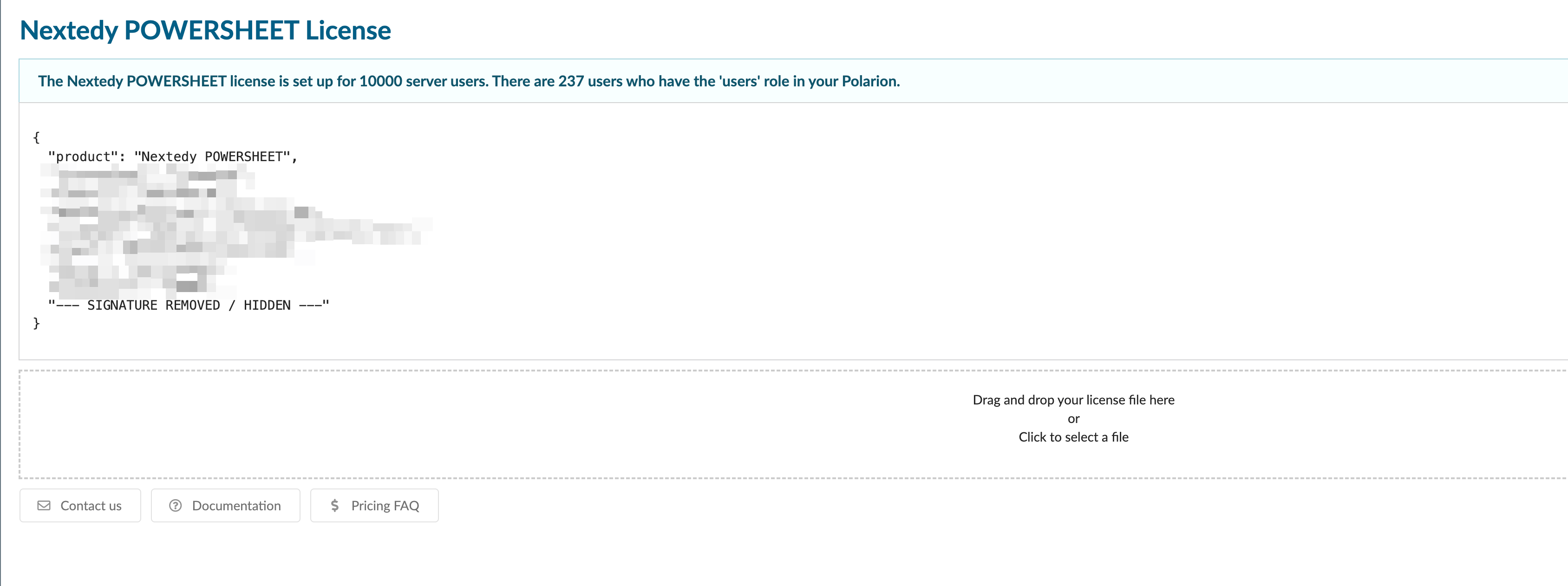 Polarion Administration License page with a drag-and-drop dialog for uploading the license file.