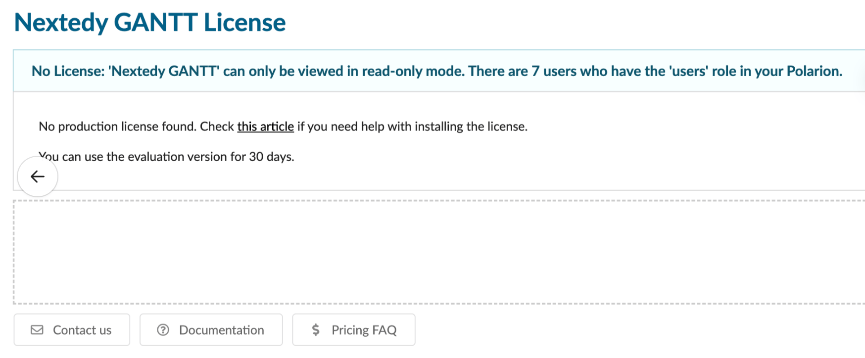 Polarion License page showing that no active license is present.