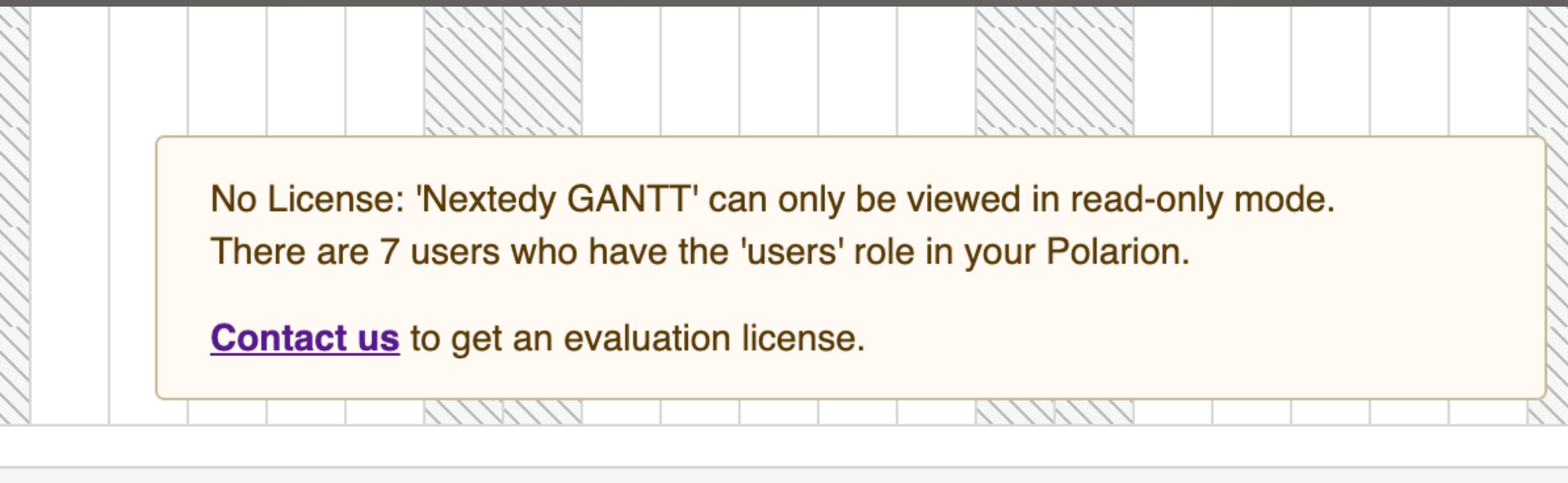 Product page pop-up indicating no active license, with a Contact us link to request an evaluation license.