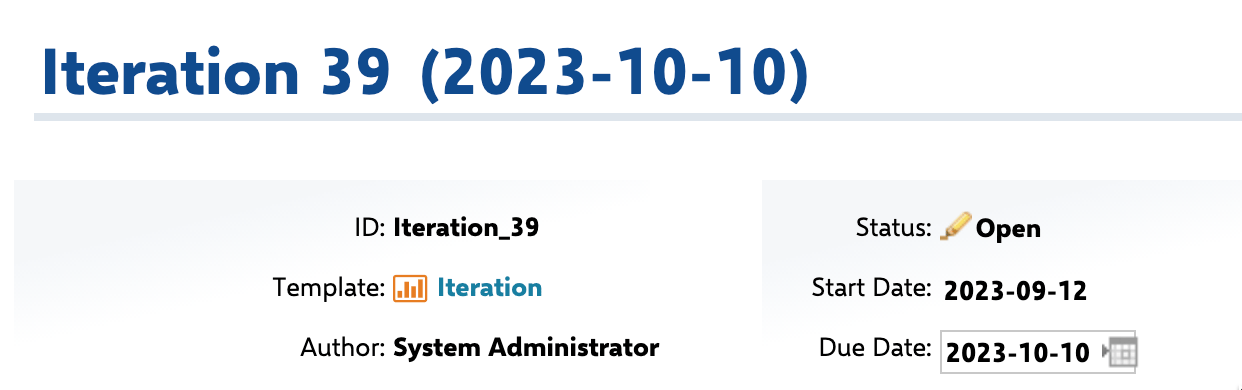 Polarion Plan view confirming Iteration 39 and its end date used as the source for the derived schedule