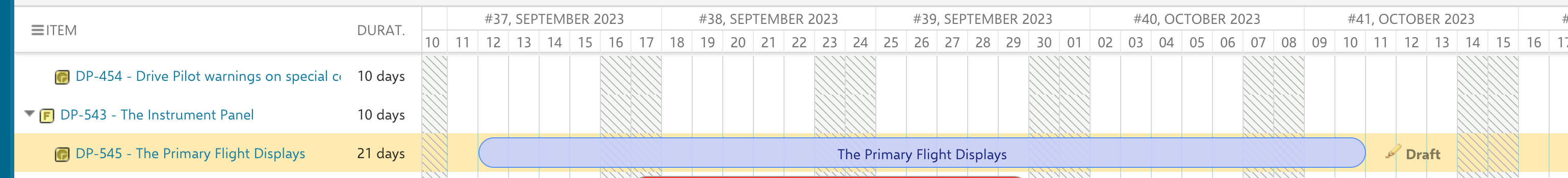 The previously unplanned Work Package now scheduled on the Gantt chart with dates inherited from its assigned Iteration 39 plan