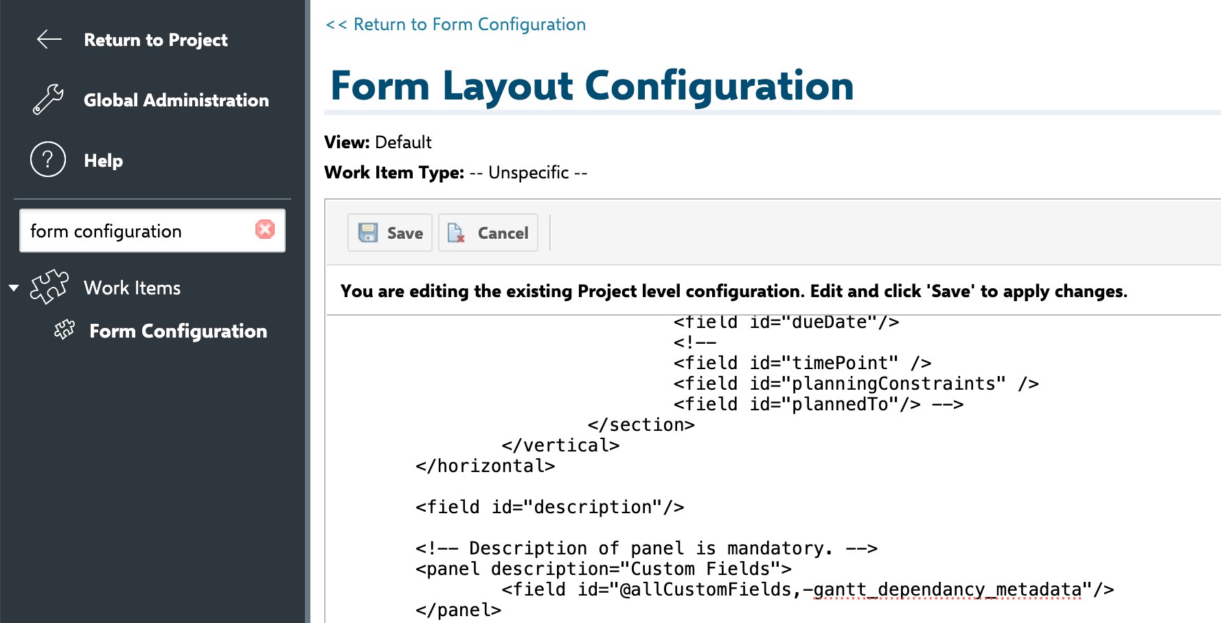 Polarion Form Layout Configuration editor with the allCustomFields panel showing the gantt_dependency_metadata field entry