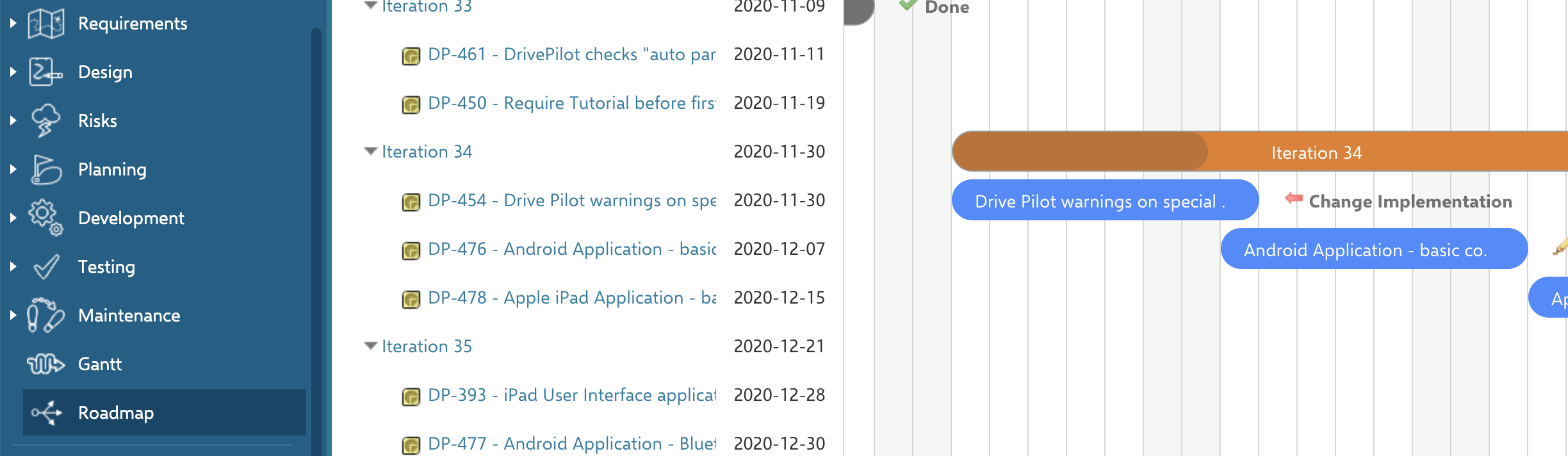Roadmap report with the project navigation on the left and Releases, Iterations, and work items rendered as nested Gantt bars on the right