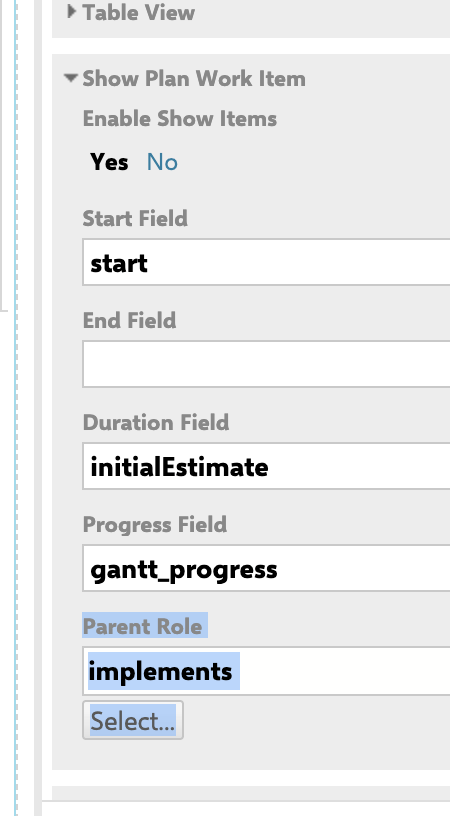 Show Plan Work Item section with the Parent Role field set to implements to resolve work item hierarchy within plans