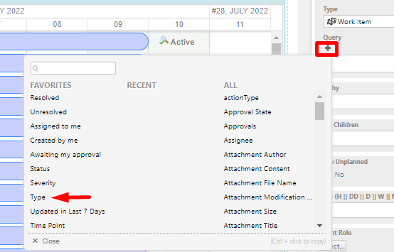 Adding a new Query filter with the + button and selecting Type to filter work items