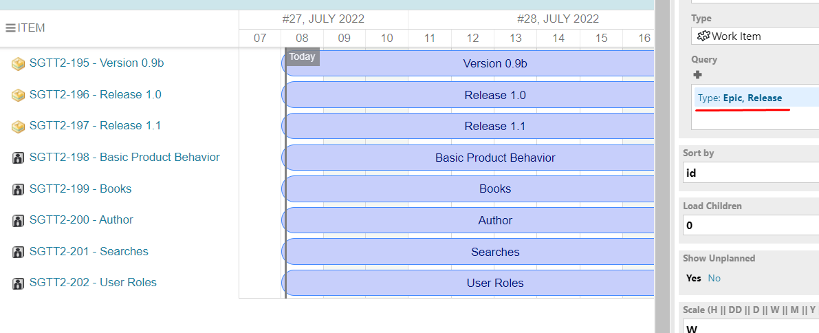 Choosing Epic and Release work item types in the Query filter before clicking Apply