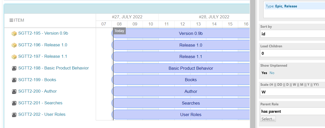 User Stories displayed as children nested under their Epic work items in the Gantt chart