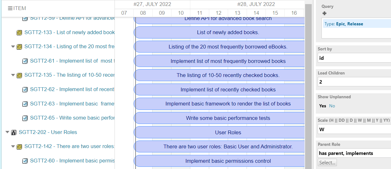 Two levels of parent-child hierarchy loaded: Epic, User Story, and Task
