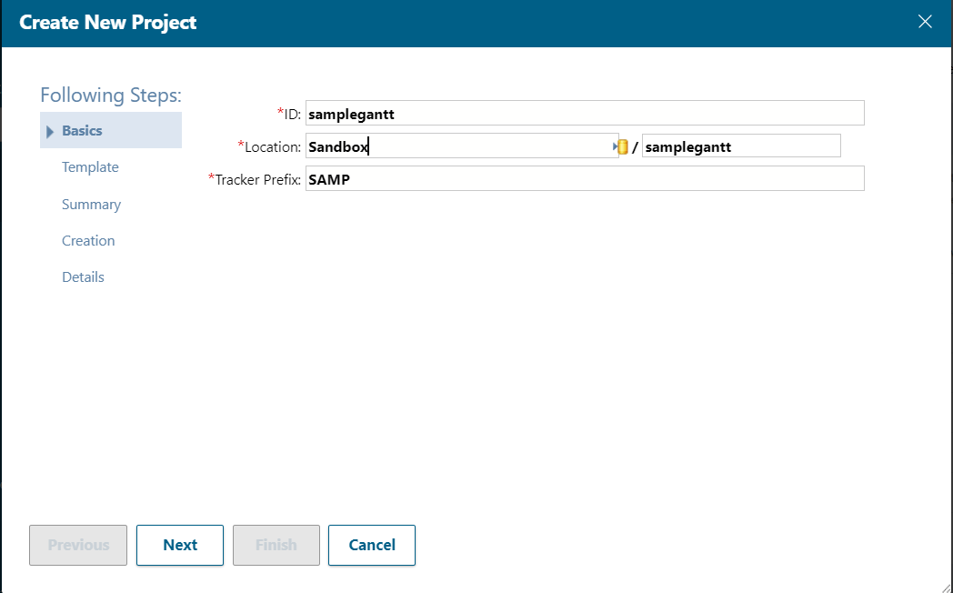 Polarion new project creation wizard