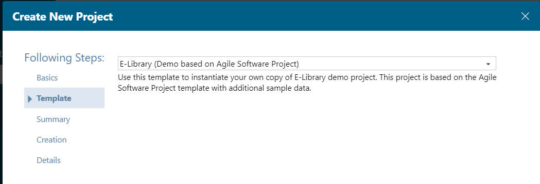 Selecting the E-Library template from the Polarion project template list