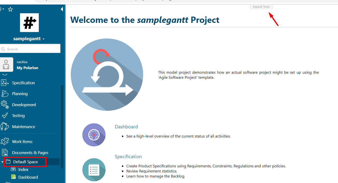Default Space selected in Documents & Pages with Expand Tools in the upper toolbar