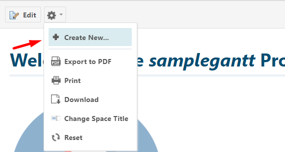 Gear button menu with Create New option in the page toolbar