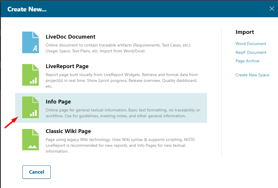 Create New dialog with Info Page selected as the page type