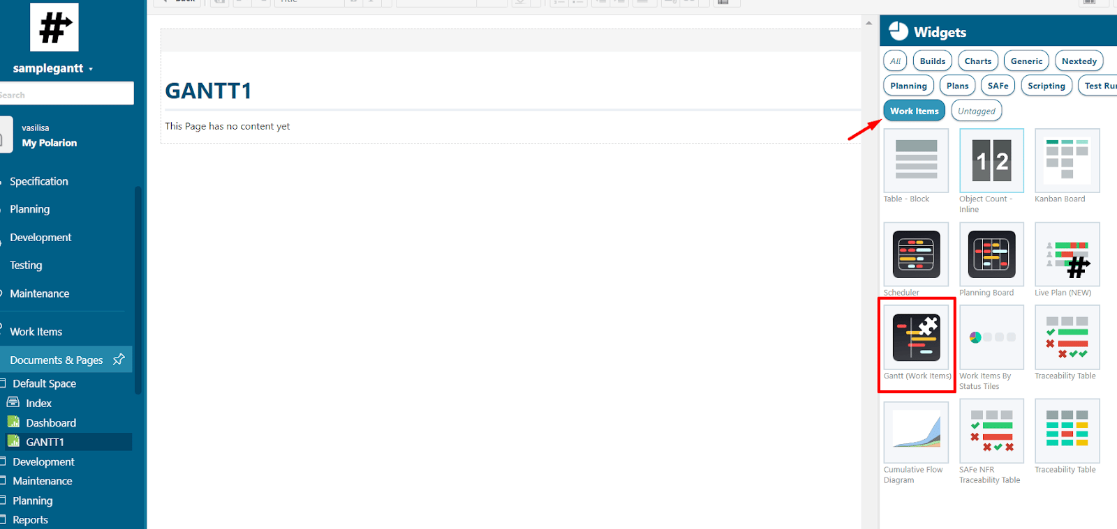 Empty Info Page GANTT1 added to the Default Space with the Widgets panel on the right