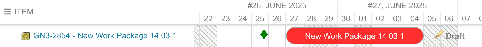 Work package task bar with a custom-field milestone diamond rendered at its testDateField date