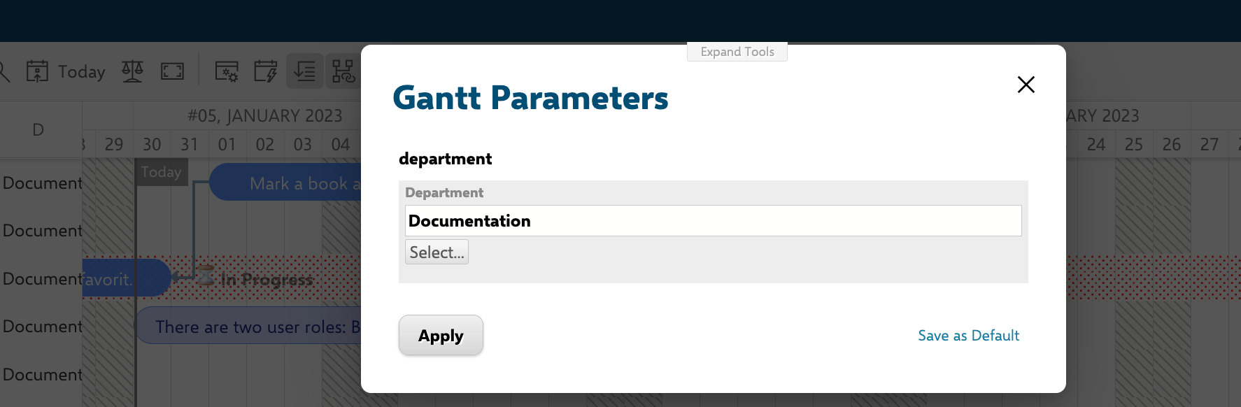 A 'department' Page Parameter referenced in the Gantt widget Query field to filter which work packages are shown