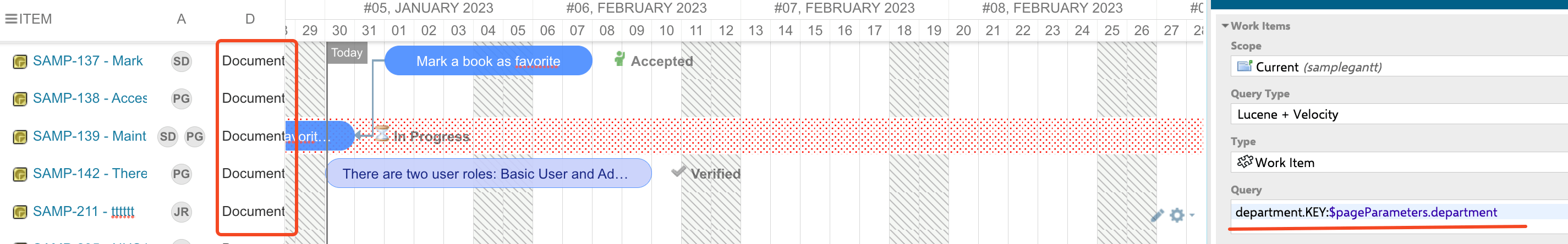 Selecting a department value for the Page Parameter that the query field uses to filter the Gantt