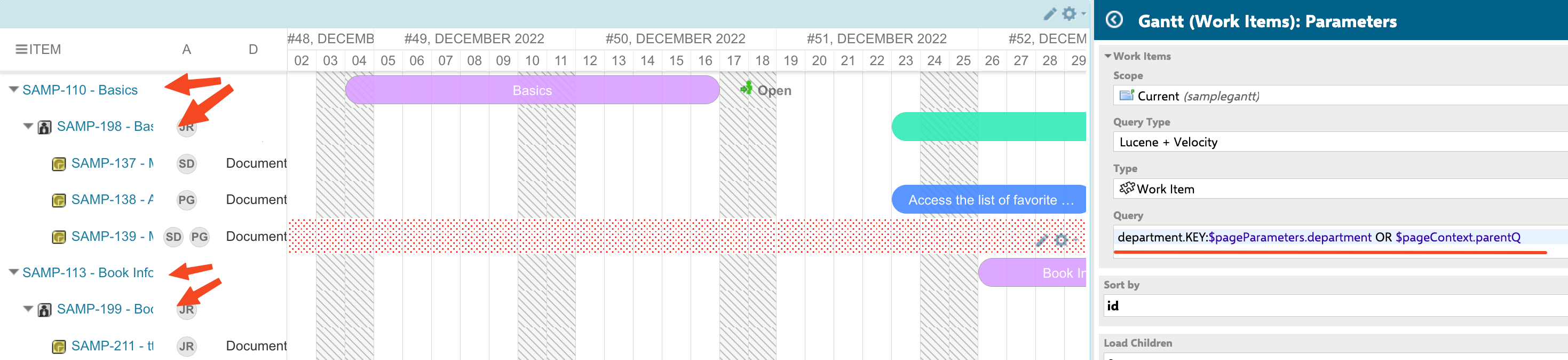 Velocity page script iterating two parent levels and writing the assembled parentQ value into the Query field so parent items appear on the Gantt