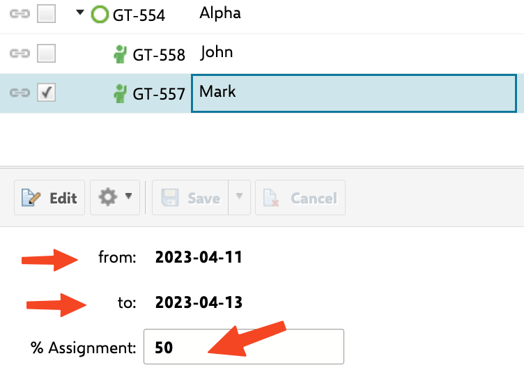 Team Assignment GT-557 Mark selected, with the from 2023-04-11, to 2023-04-13, and % Assignment 50 fields highlighted in the editor