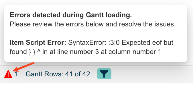 Edit mode error footer with a detailed pop-up message identifying the script error location
