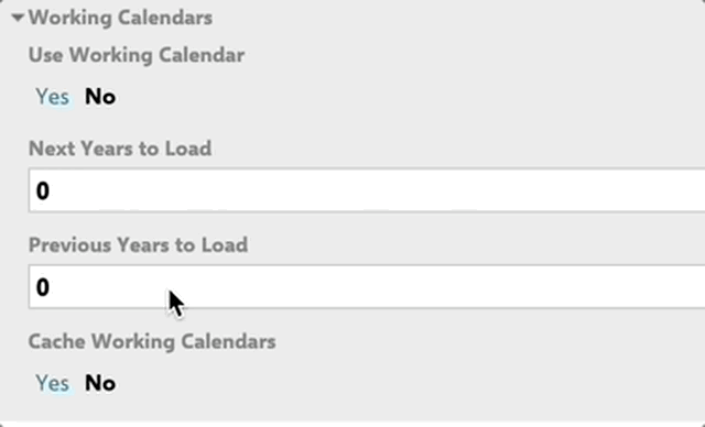 Working Calendars widget parameters with the Use Working Calendar, Next/Previous Years to Load, and Cache Working Calendars Yes/No options