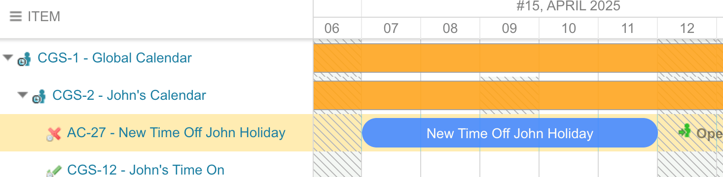 Calendar project Gantt with the Global Calendar and John's Calendar work items and a New Time Off John Holiday exception bar spanning several April days