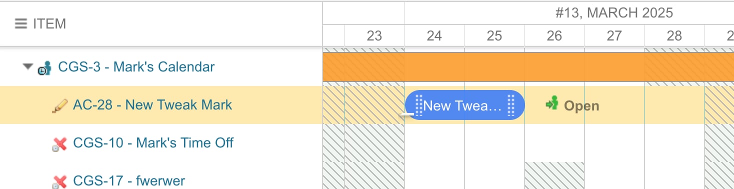 Calendar project Gantt showing Mark's Calendar with a New Tweak Mark exception bar over the March 24-25 dates