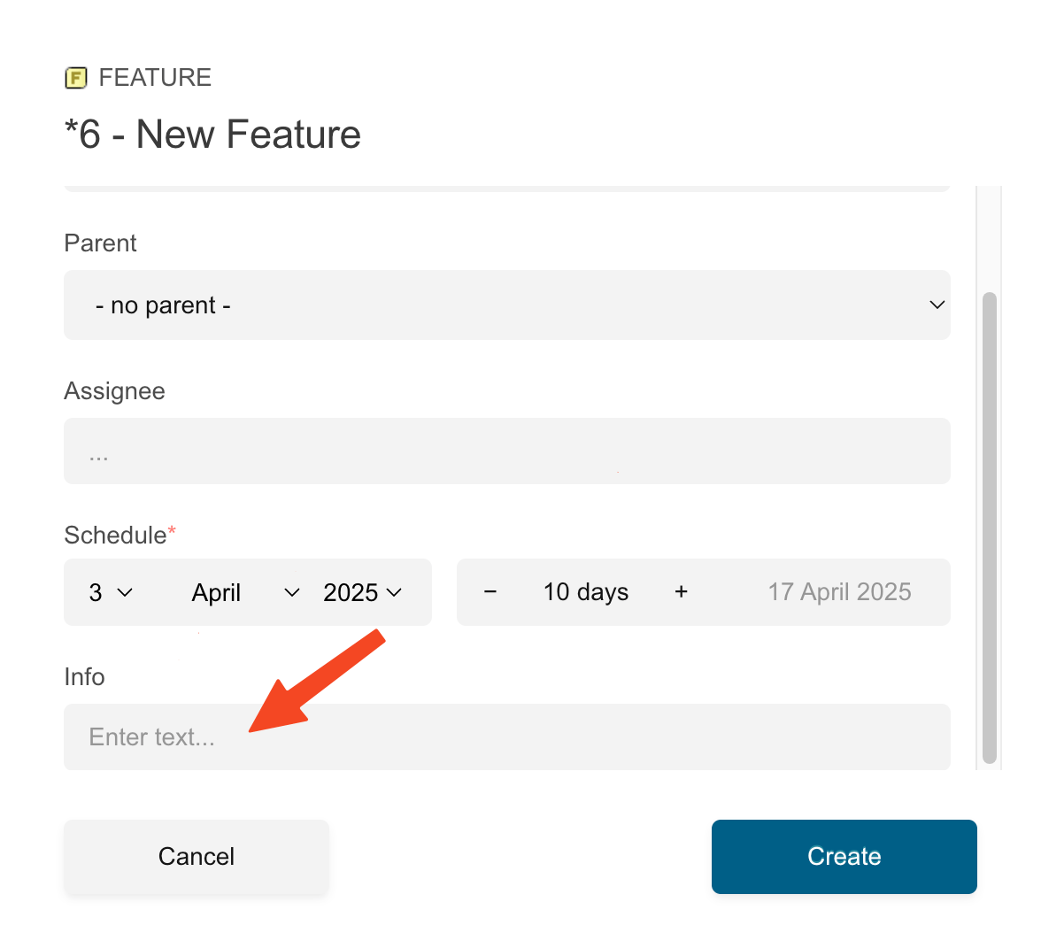 A simple String-type custom field shown in the create / edit Work Item dialog