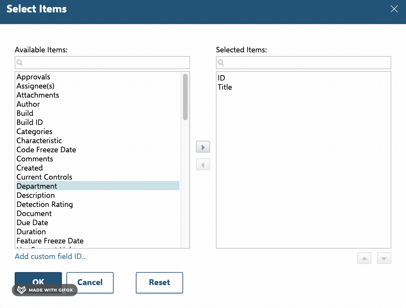 Adding the Department enumeration custom field to the dialog through Parameters