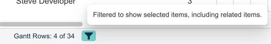 Funnel icon in the Gantt footer with a tooltip describing the currently applied filter