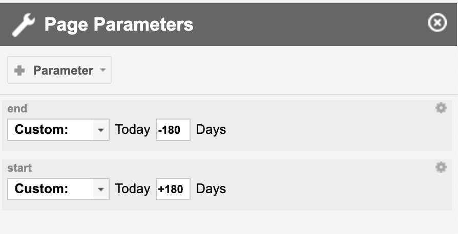 LiveReport page with start and end page parameters configured to drive the Gantt time range