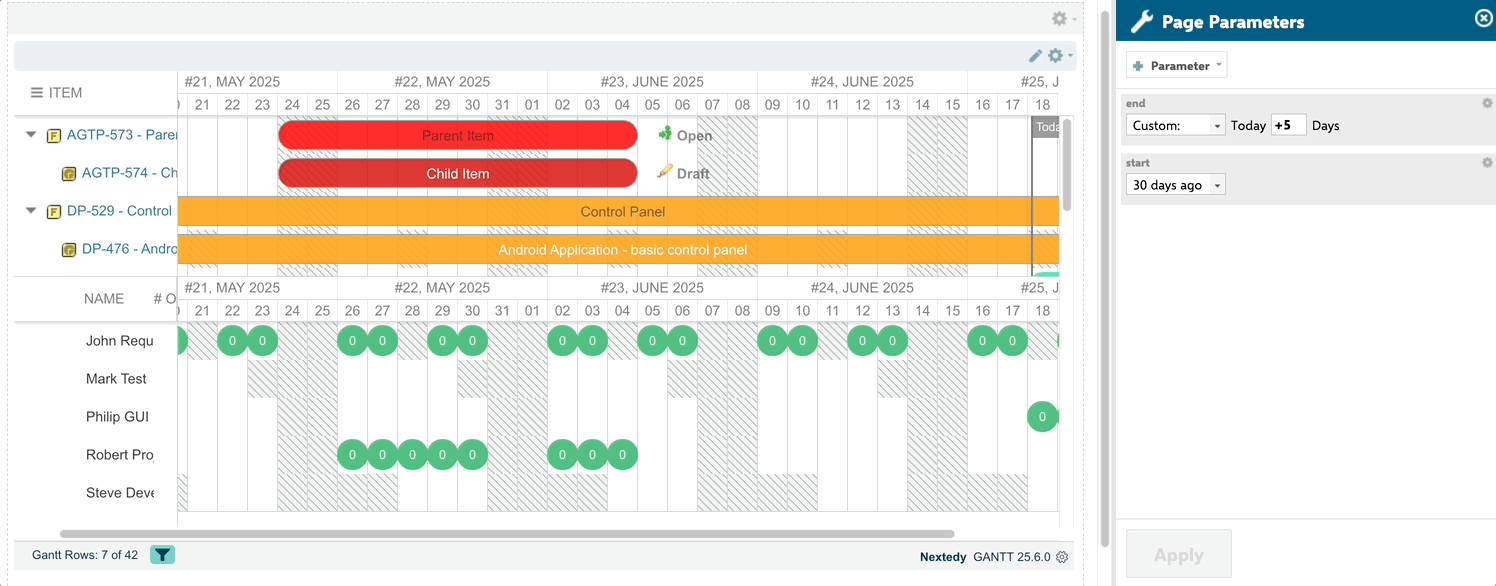 Animation showing the Gantt time range updating live as the start and end page parameters are changed
