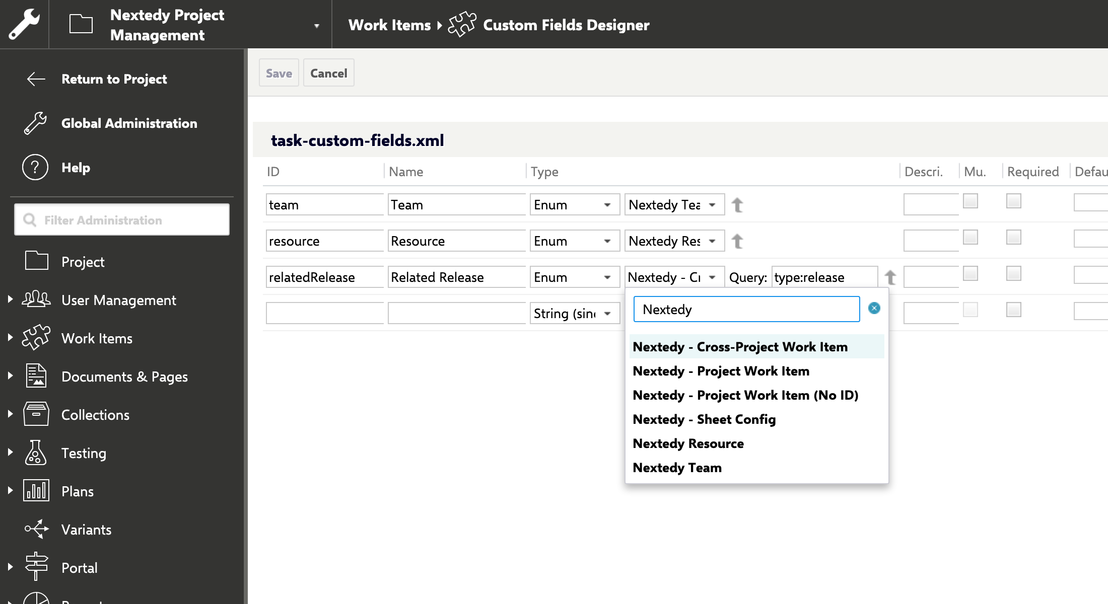 The enumeration list of a custom field filtered on Nextedy, showing Nextedy - Cross-Project Work Item, Nextedy Resource and Nextedy Team among the enumerations Gantt adds