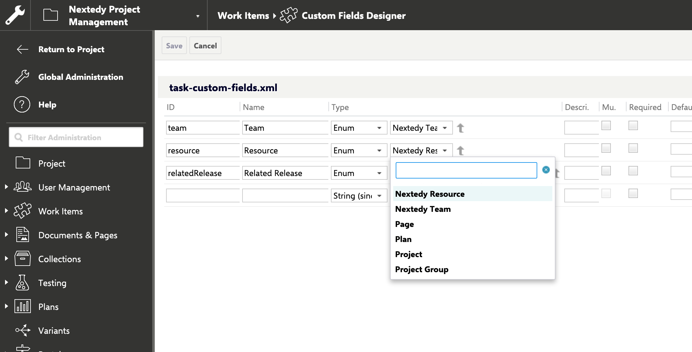 The Custom Fields Designer for the Task type, with a Resource field of type Enum and its enumeration list open on Nextedy Resource