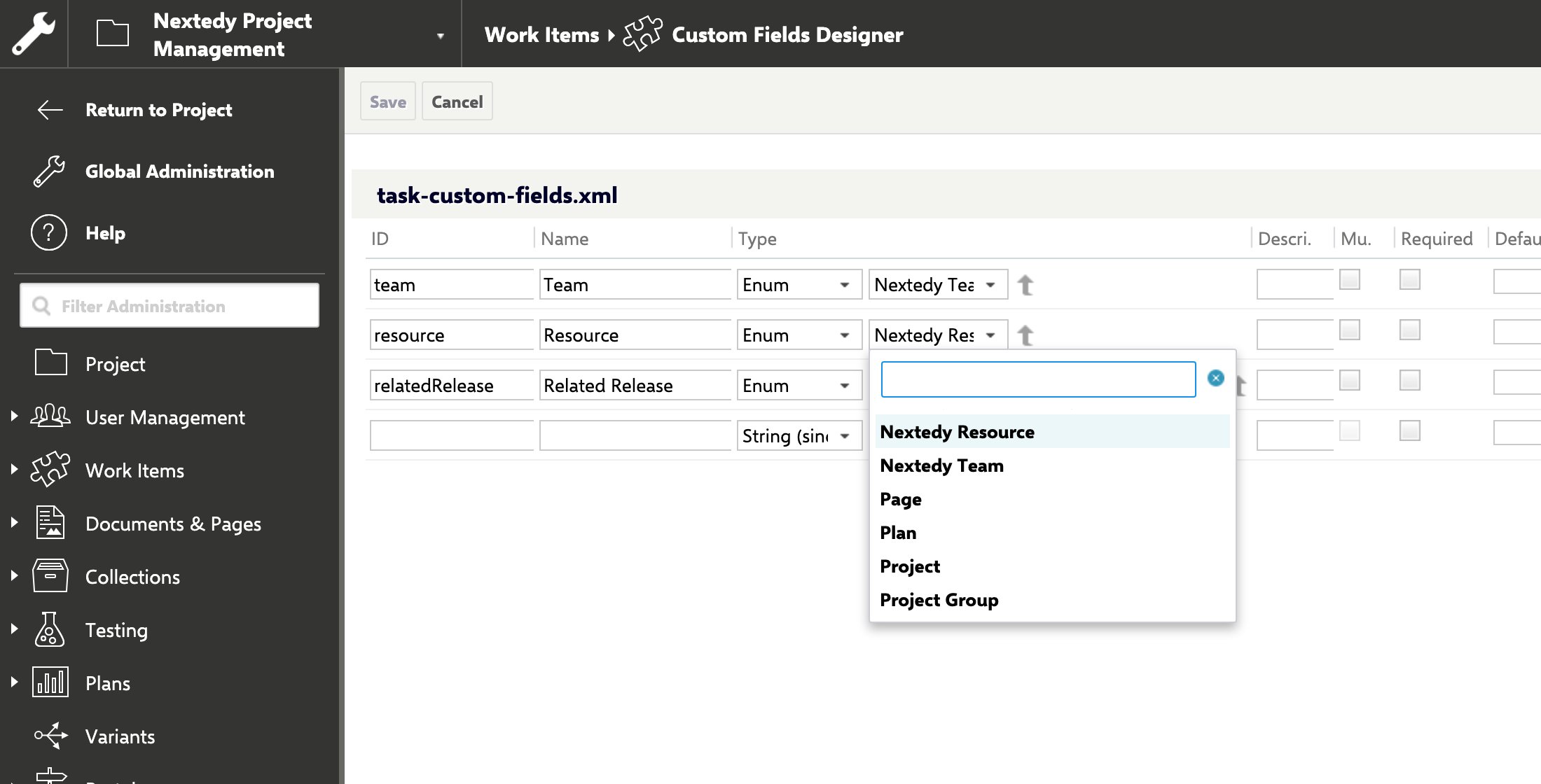 The Custom Fields Designer for the Task type, with a Resource field of type Enum and its enumeration list open on Nextedy Resource