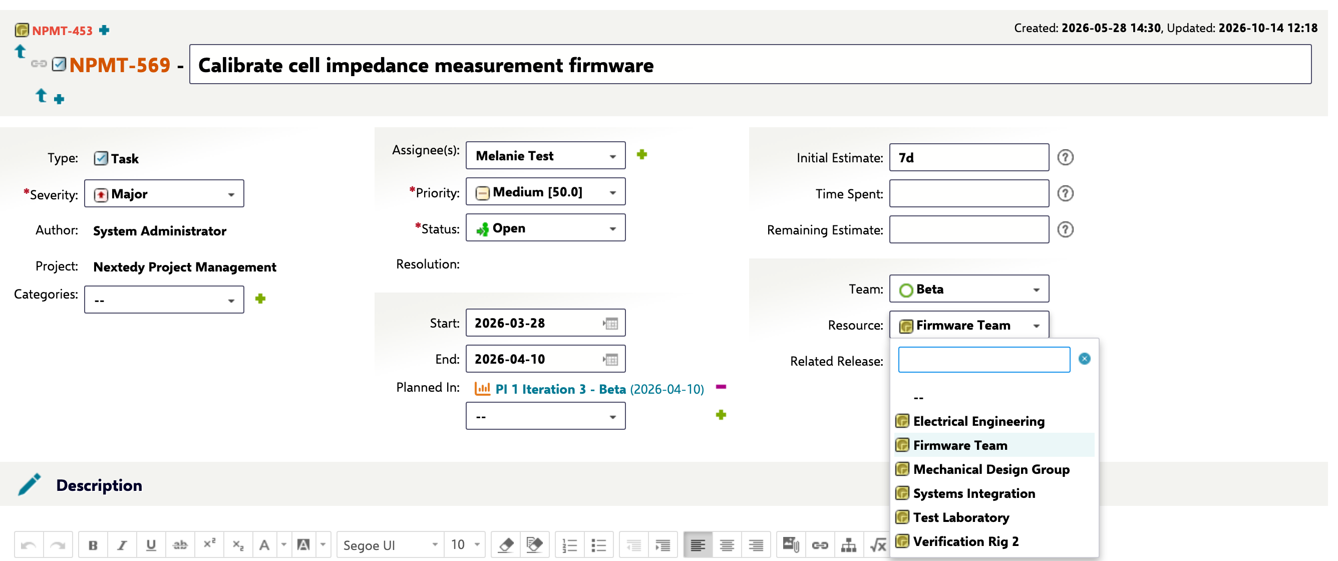 A task in edit mode with the Resource field open, listing six resources by title in alphabetical order