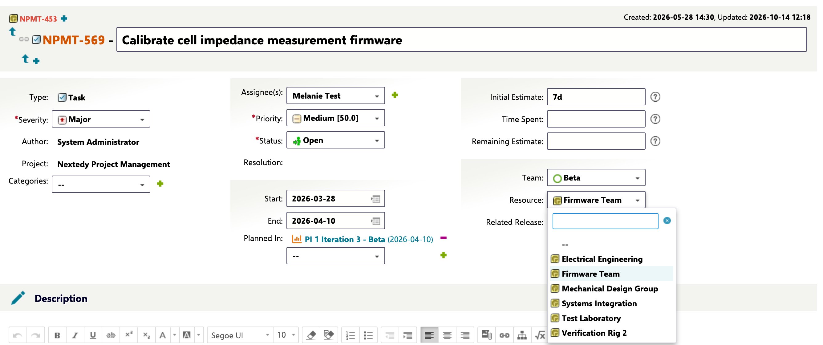 A task in edit mode with the Resource field open, listing six resources by title in alphabetical order