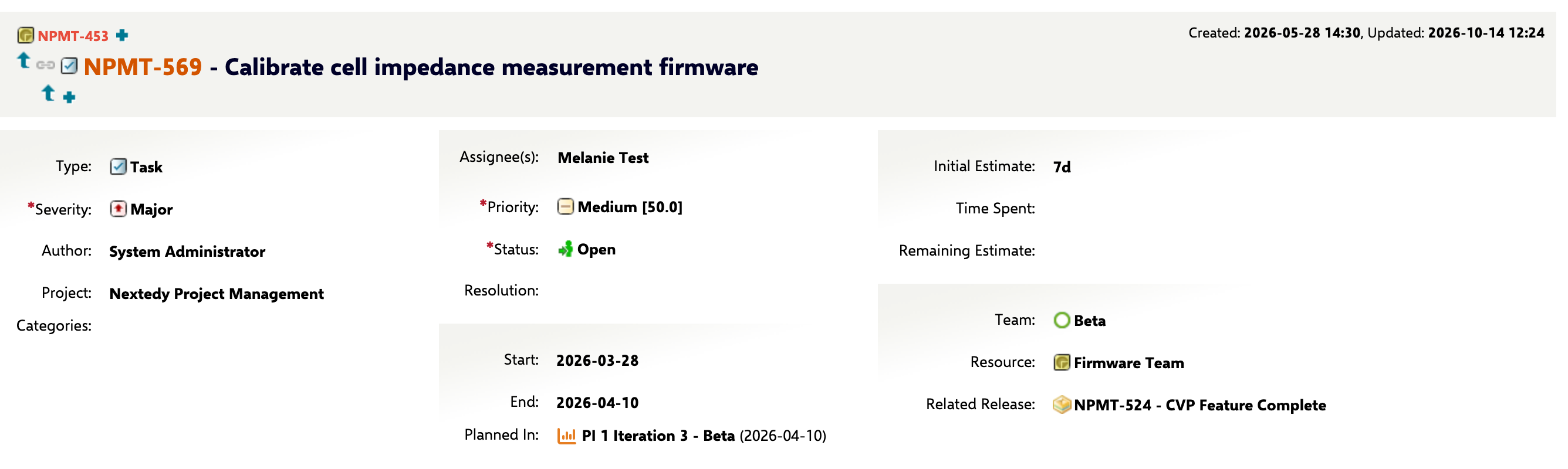 The saved task showing Firmware Team in its Resource field
